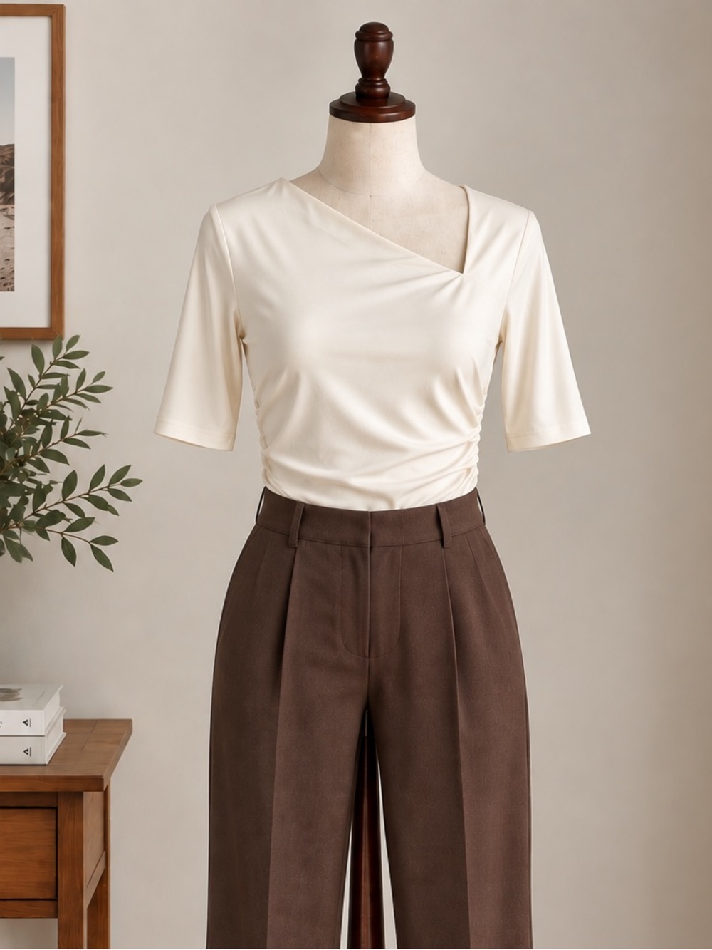 RW&CO Ivory Asymmetrical Ruched Top M Office Siren Quiet Luxury